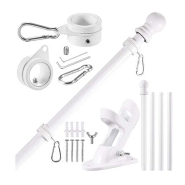 White telescopic wall mount flagpole kit with mounting bracket, ball finial and wall anchors