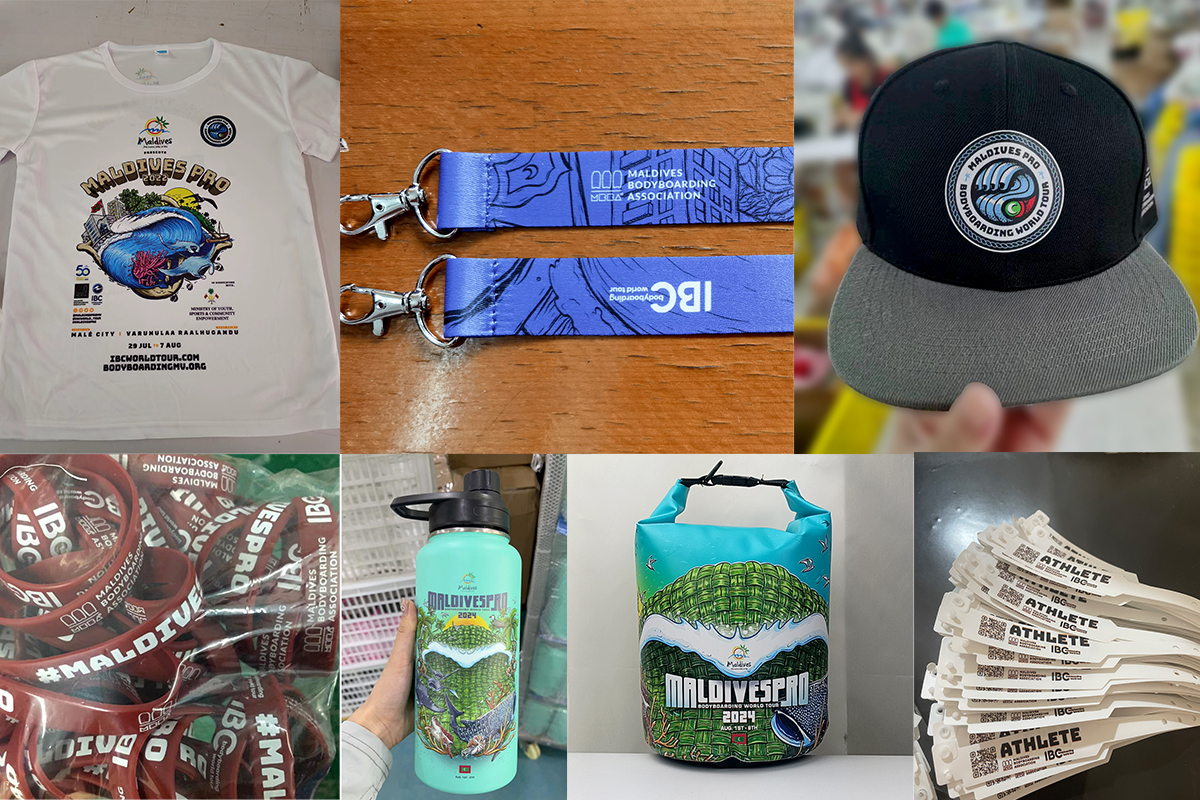 Custom sports event merchandise kit including bottles, bags, and apparel..jpg