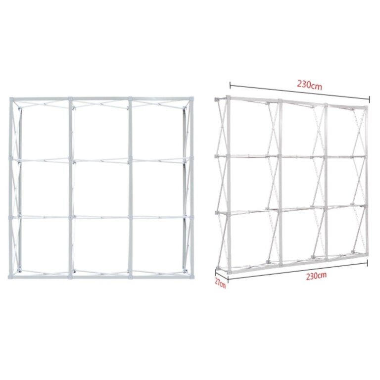 Pop-up backdrop display frame opened to 230 x 230 cm with 27 cm depth