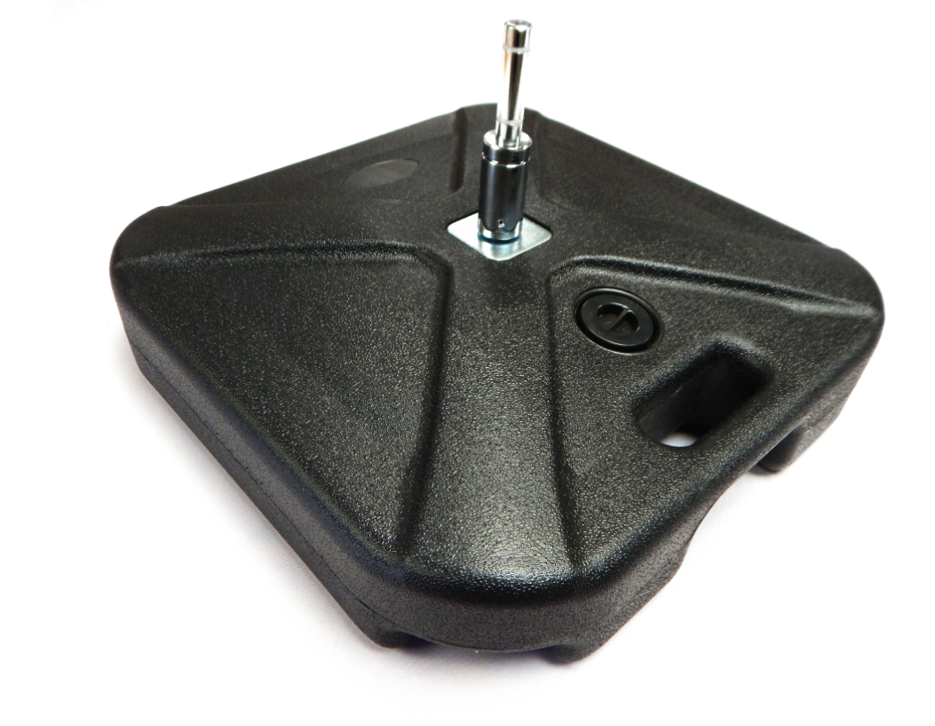 Black water tank base for a feather flag or banner pole, filled on site to hold a pole where no ground fixing is possible