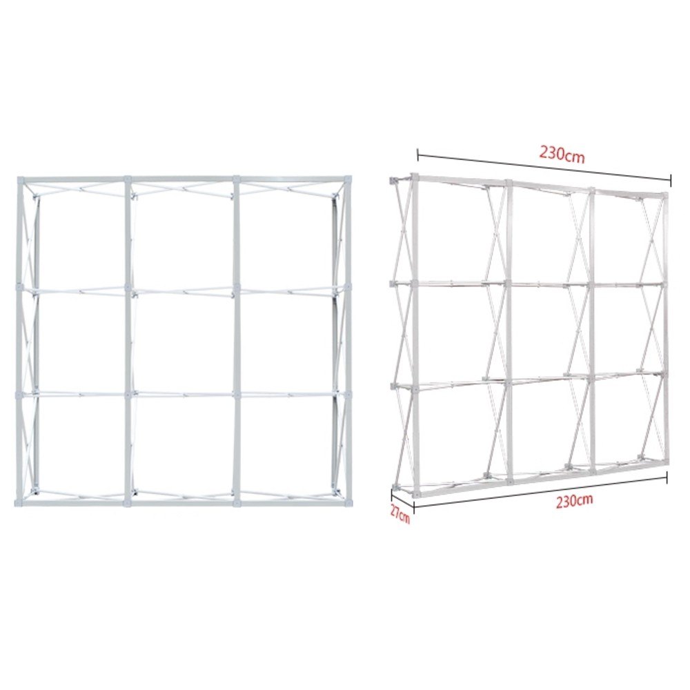 Pop-up backdrop display frame opened to 230 x 230 cm with 27 cm depth