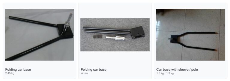 Car flag bases: a folding car base, a folding car base in use and a car base supplied with a rotating sleeve or with a pole