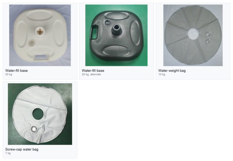 Water-fill bases and water bags for flags: two 20 kg blow-moulded bases, a 10 kg water bag and a 7 kg screw-cap water bag