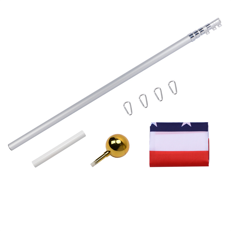 20 ft telescoping flagpole kit laid out with aluminium pole, PVC ground sleeve, gold ball finial, clips and flag