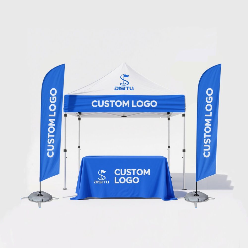 Advertising tent, feather flags and branded table cover