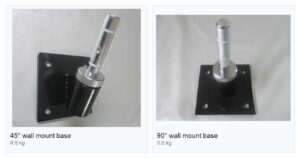 Wall mount flag bases: a 45 degree wall bracket and a 90 degree wall bracket for flagpoles