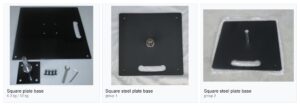 Steel plate flag bases: square plate bases in two sizes and flat steel plate bases in four weight grades