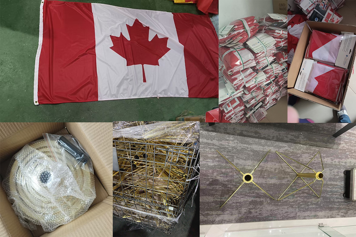 commercial flagpole installation project materials including welded gold bases, packed flags and halyard