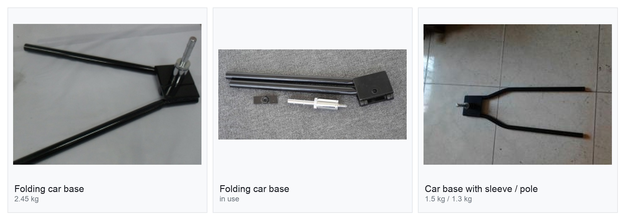 Car flag bases: a folding car base, a folding car base in use and a car base supplied with a rotating sleeve or with a pole