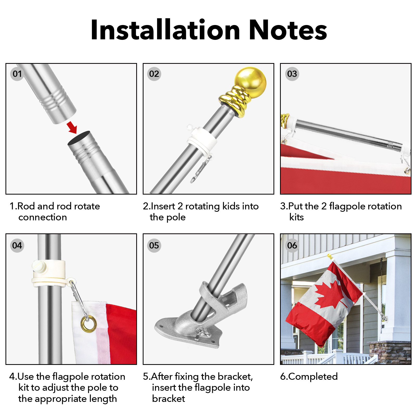 Six-step wall mount flagpole installation notes: pole assembly, rotation kits, bracket fixing and the finished pole on a house facade