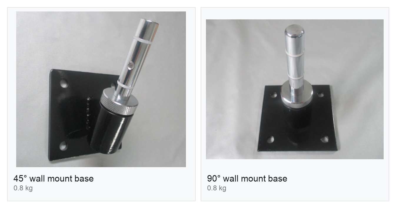 Wall mount flag bases: a 45 degree wall bracket and a 90 degree wall bracket for flagpoles