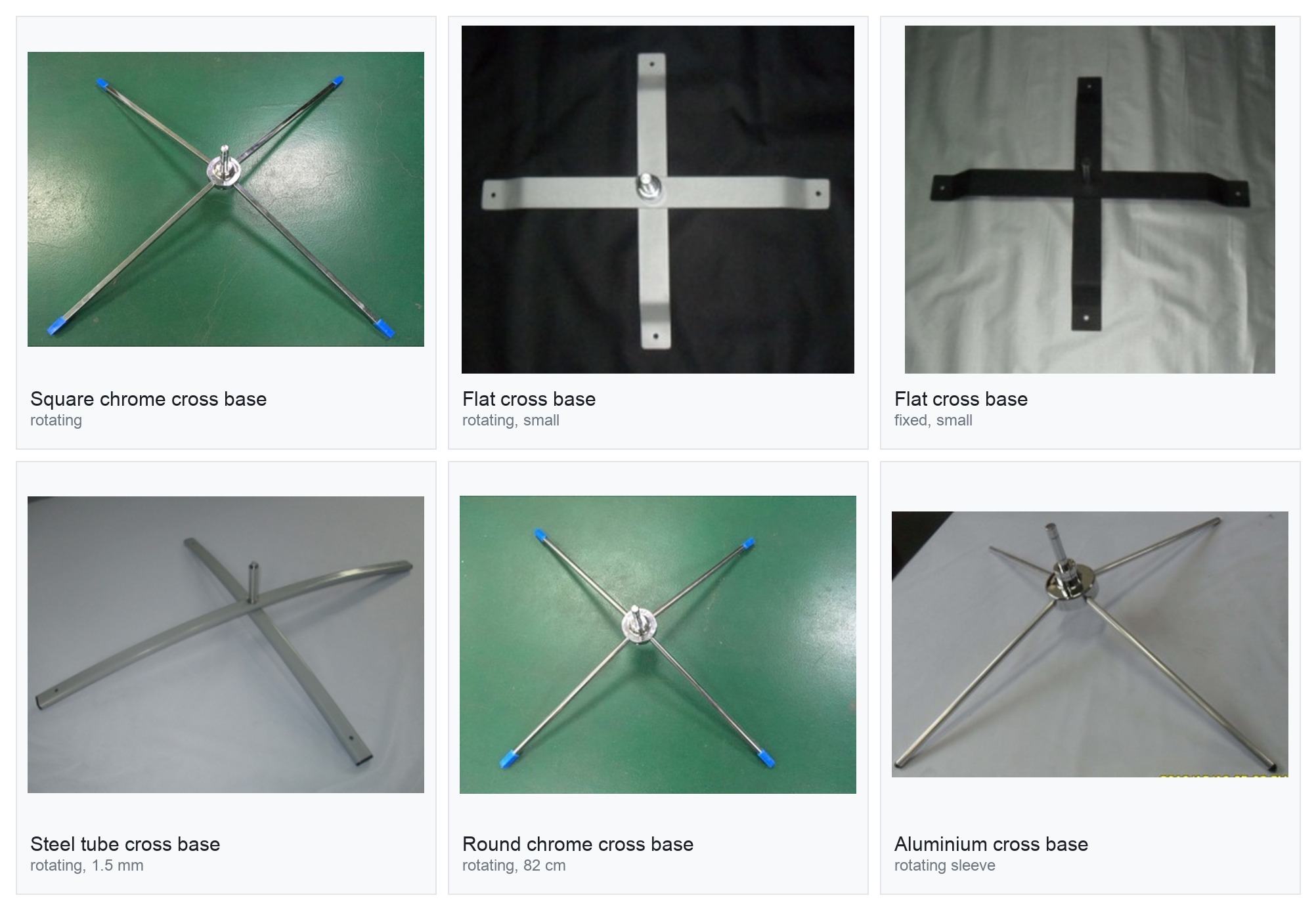 Cross bases for feather and beach flags: square chrome, flat rotating, flat fixed, steel tube, round chrome and aluminium models