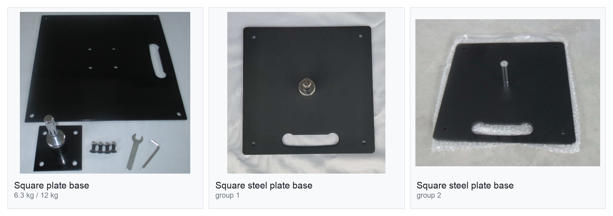Steel plate flag bases: square plate bases in two sizes and flat steel plate bases in four weight grades