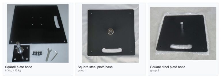 Steel plate flag bases: square plate bases in two sizes and flat steel plate bases in four weight grades