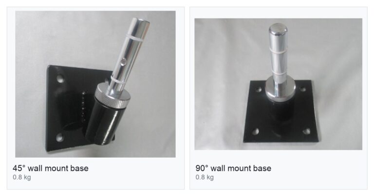 Wall mount flag bases: a 45 degree wall bracket and a 90 degree wall bracket for flagpoles