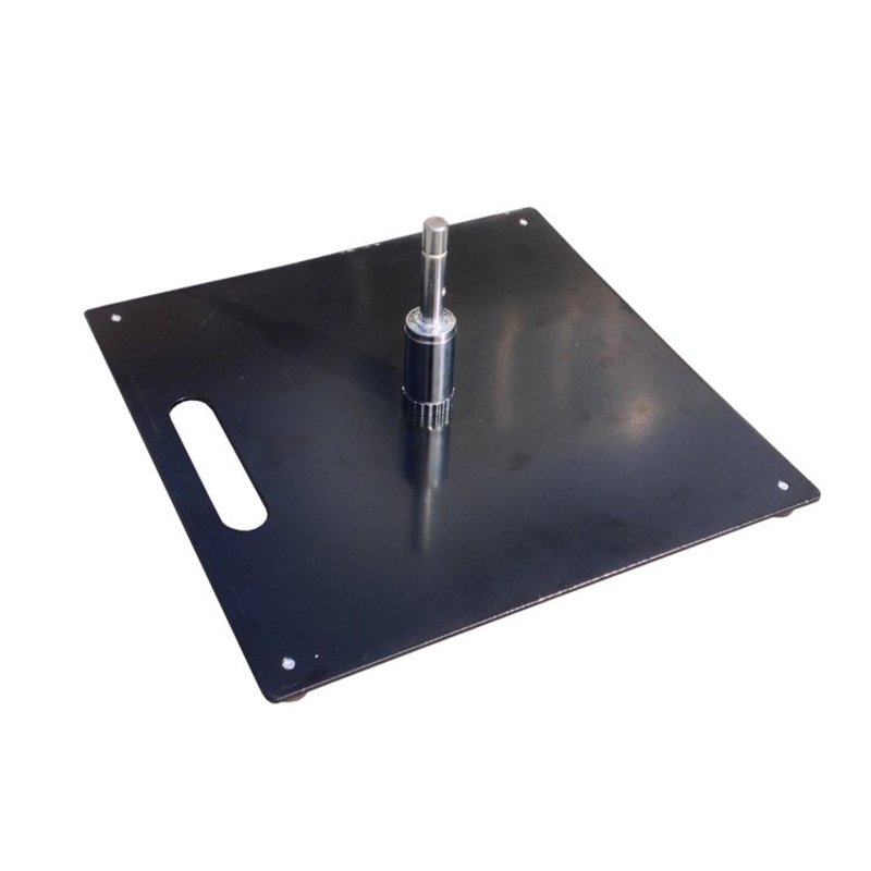 Flagpole base plate with welded socket tube, carry handle and corner anchor holes