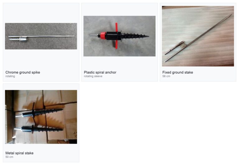 Ground spikes and anchors for flags: chrome ground spike, plastic spiral anchor, fixed stake and metal spiral stake