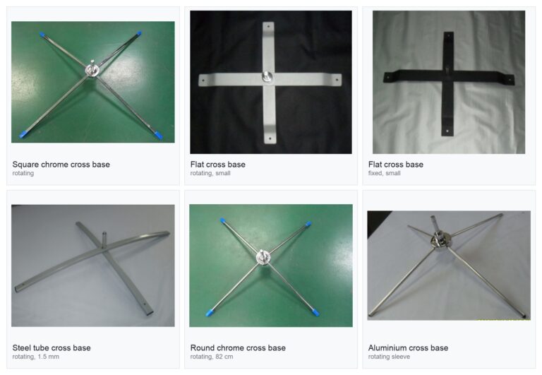 Six cross bases for feather flags: square chrome, flat rotating small, flat fixed small, steel tube, round chrome and aluminium models