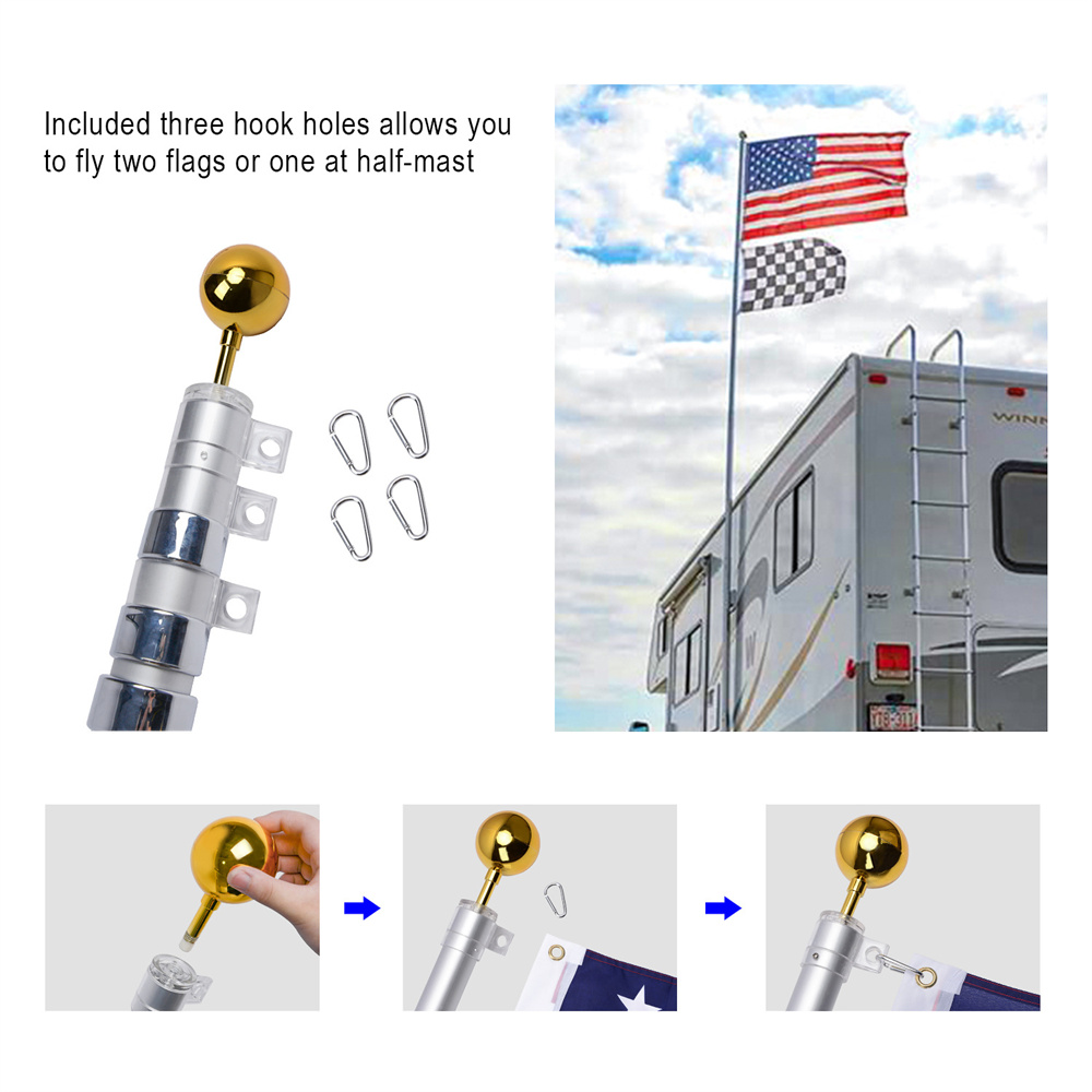 telescoping flagpole top assembly showing finial, hook holes and carabiner clips in three steps