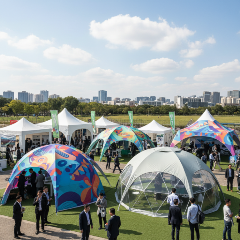 Advertising tent with printed canopy used at an outdoor promotional event